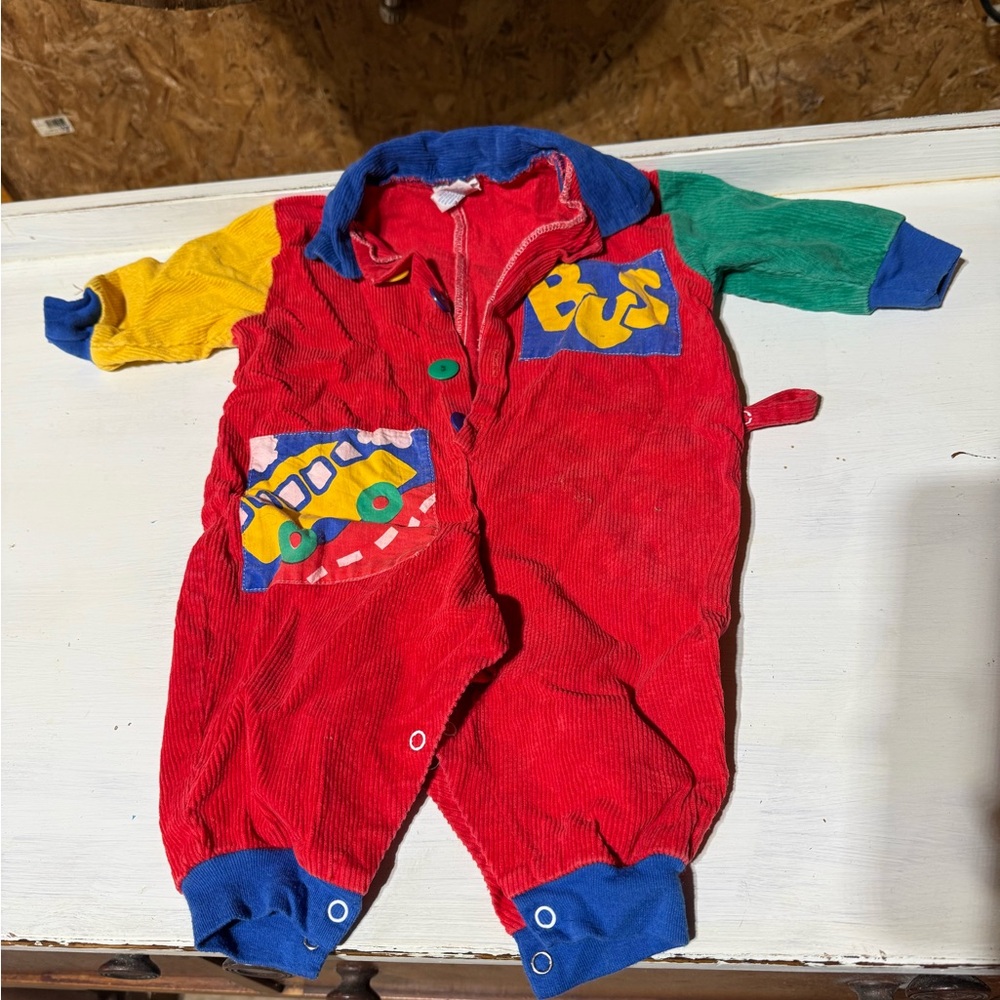 Vintage Red and Blue Kids One Piece with Car Design